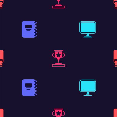 Bilgisayar monitörü Not Defteri Ödülü kupası ve USB flash diski pürüzsüz desene ayarla. Vektör.