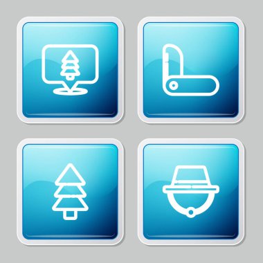 Ormanın yeri, İsviçre çakısı, Ağaç ve Kamp şapkası ikonu. Vektör.