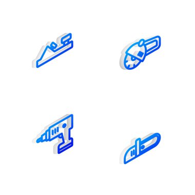 Isometric Hattı Angle Öğütücü, Tahta Uçak Aracı, Kablosuz Tornavida ve Elektrikli Testere Simgesini Ayarlayın. Vektör.