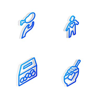 Isometric Line Gönüllü, Bağış Yemeği, Yardım ve İkona 'yı ayarla. Vektör.