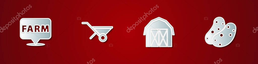 Set Location farm, Wheelbarrow, Farm house and Potato icon. Vector.