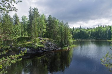 Büyük bir gölün kıyısında. Kıyı boyunca ormanlar