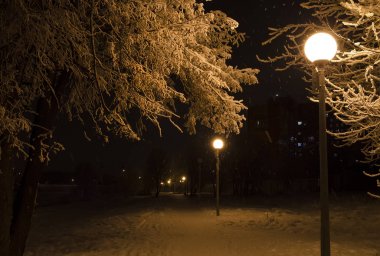 Akşam kar yağışı şehir park fenerler parça aydınlatmak