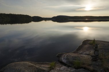 Yukarı Pulong Gölü kıyısındaki Karelia 'daki kayalıklarda vahşi orman.