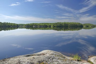 Yukarı Pulongskoye Gölü kıyısındaki Karelia kayalıklarında vahşi orman.