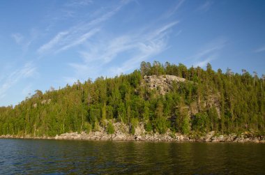 Yukarı Pulongskoye Gölü kıyısındaki Karelia kayalıklarında vahşi orman.