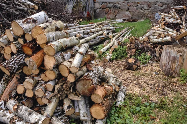 ポーランド マゾフシェ県の小さな農場の中庭にみじん切り薪の部分 — ストック写真