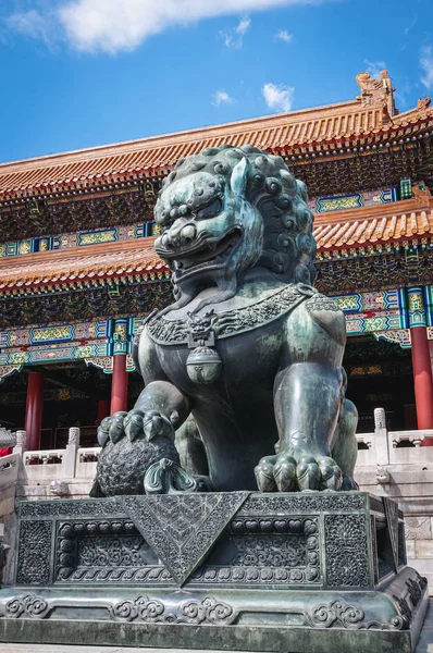 Lion statue in front of Gate of Supreme Harmony in Forbidden City, main tourist attraction of Beijing city, China