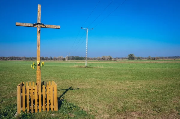 Cruz Madera Campo Mazovia Provincia Polonia — Foto de Stock