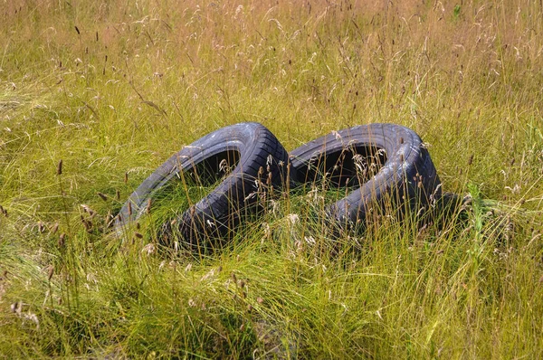 Old tires on a meadow