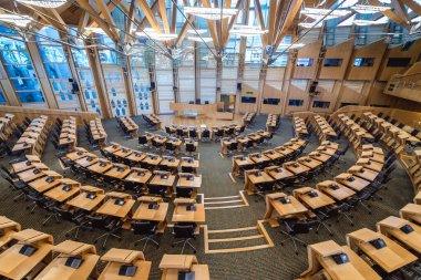 Aerial view of main chamber of Scottish Parliament in Edinburgh city, UK clipart