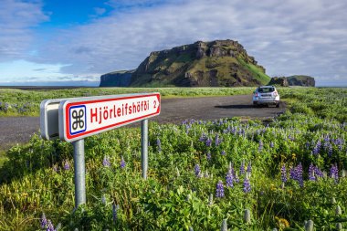 Vik, Iceland - June 10, 2018: Sign near Hjorleifshofdi inselberg near Vik town clipart