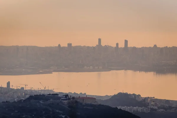Pôr Sol Sobre Cidade Beirute Costa Mediterrânea Capital Líbano Vista — Fotografia de Stock