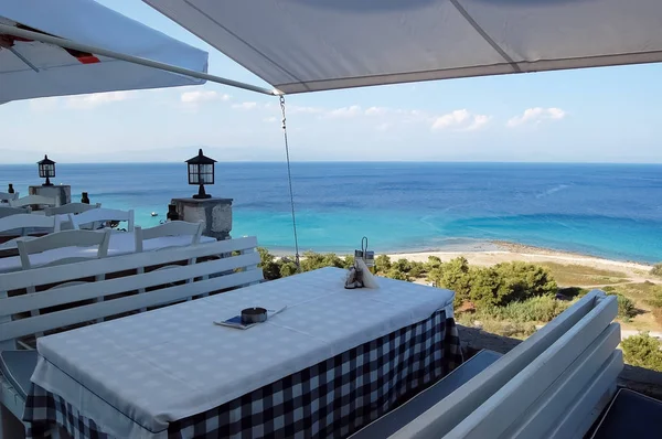 Vista Desde Terraza Cafetería Hermoso Mar Turquesa Grecia —  Fotos de Stock