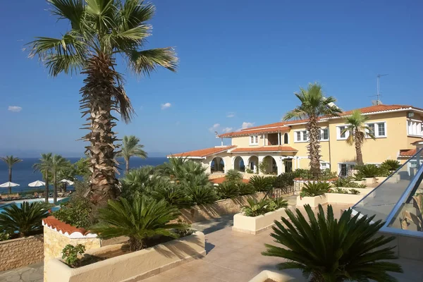 希腊阿提托斯 2013年9月3日 希腊卡桑德拉半岛酒店的黄色建筑 蓝色大海和绿色棕榈树的景色 — 图库照片