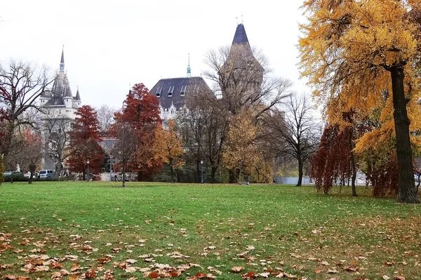 Vista Castelo Vajdahunyad Situado Ilha Szechenyi Parque Cidade Dos Marcos — Fotografia de Stock