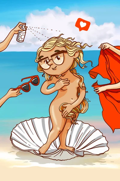 Cartoon Aphrodite Een Shell Aan Kust — Stockfoto