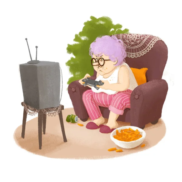 Oma spielt Videospiele. Postkarte. niedliche Illustration — Stockfoto