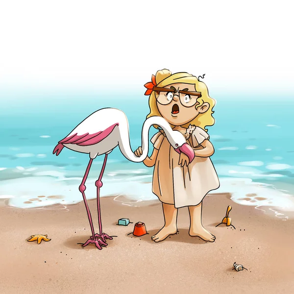 Menina na praia com flamingo. Cartão postal divertido . — Fotografia de Stock