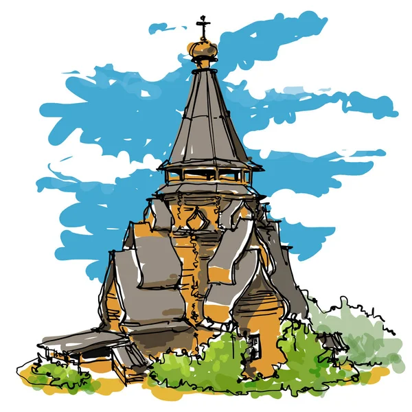 Old Russian wooden church. Ancient Russian wooden church colorful sketch. — Stock Vector