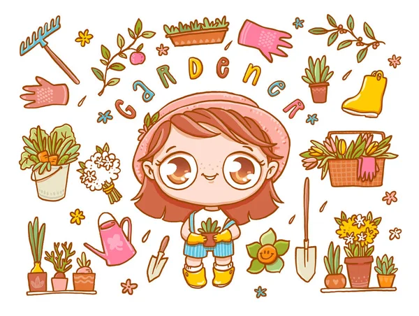 Menina Jardineiro Chibi Bonito Pouco Com Suas Ferramentas Flores Plantas — Vetor de Stock