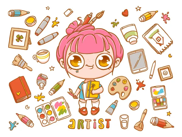 Petite Artiste Chibi Mignonne Avec Ses Outils Crayon Tablette Pinceau — Image vectorielle