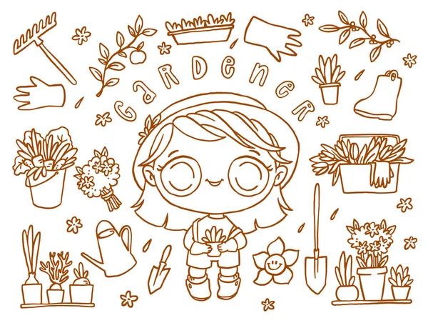 Jolie Petite Jardinière Chibi Avec Ses Outils Fleurs Plantes Pelle — Image vectorielle