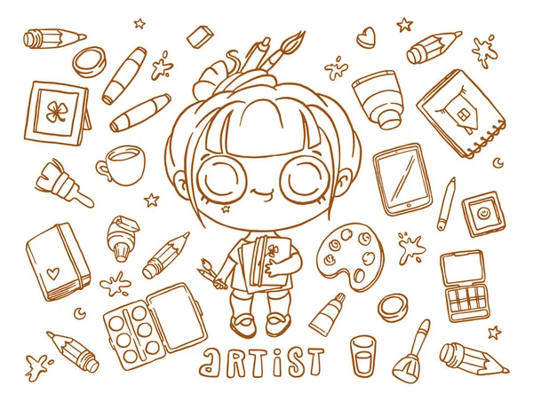 Petite Artiste Chibi Mignonne Avec Ses Outils Crayon Tablette Pinceau — Image vectorielle