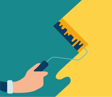 Vektör çizim, daire, tamirde alt tutun onarım aracı, onarım duvar eller. Kavram banner veya illüstrasyon