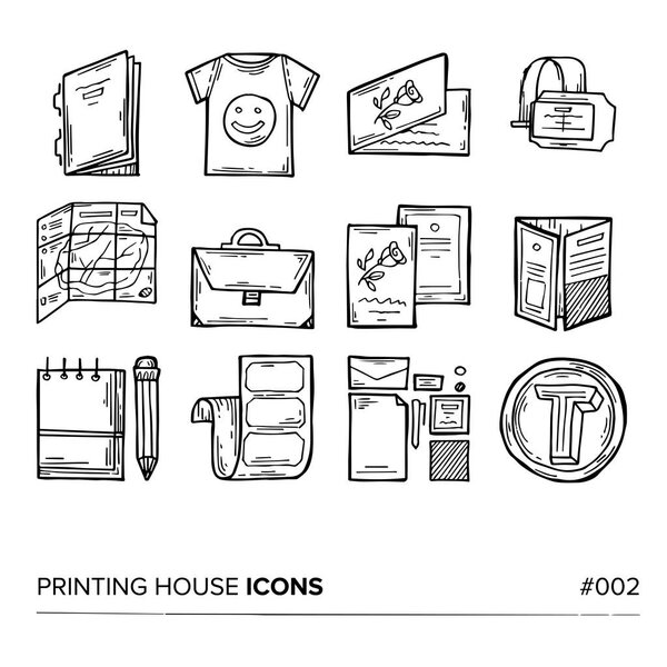 Hand Drawn Line icons of Print design products, from pamphlet and booklet to greeting card, calendar, folder, flayers, labels, souvenirs, bags and package. Printing industry icons set.