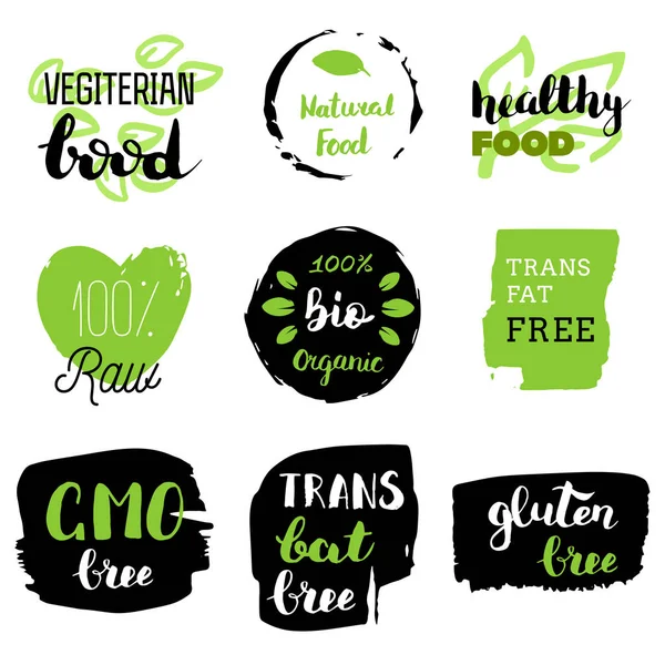 Healthy Food Icons Labels Organic Tags Natural Product Elements Logo — Stock Vector