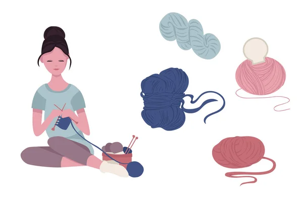 Caractère Jeune Fille Assise Tricoter Sur Des Aiguilles Tricoter Des — Image vectorielle