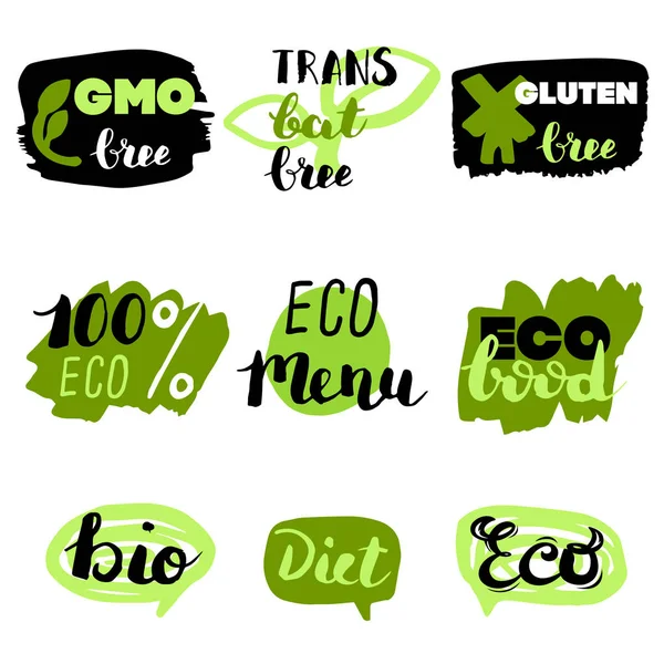 Sağlıklı Gıda Ikonları Etiketler Organik Etiketler Doğal Ürün Elementleri Vejetaryen — Stok Vektör