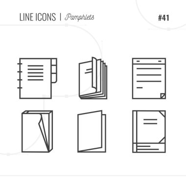 Broşür Icons söylüyor set. İnce çizgi sanat simgeler. Düz stil çizimler üzerinde beyaz izole. Tasarım projeleri için satır simgeler.