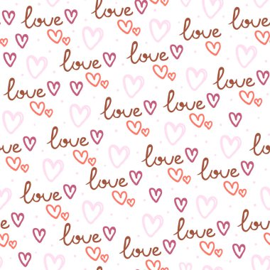 Yinelenen kalpler, yuvarlak noktalar ve elle yazılmış kelime aşk. Romantik seamless modeli. Sonsuz kız gibi Yazdır. Elle çizilmiş, kroki, doodle. Sevimli vektör çizim.