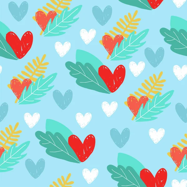 心のロマンチックなバレンタインのパターン ベクトルの図 バレンタイン デザインの心でシームレスなパターン ハートの葉の装飾的な背景は ホリデイ テクスチャ — ストックベクタ