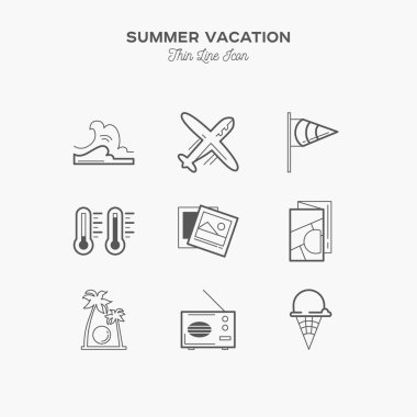 Tropical vacation, travel, summer holiday, line icons set
