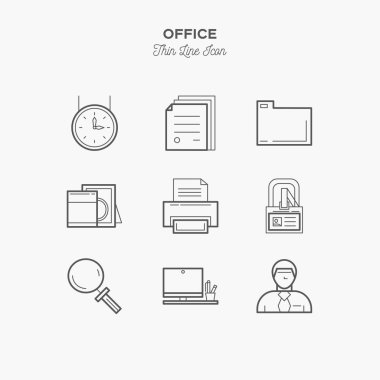 Ofis, iş, evrensel ve daha ince çizgi simgeleri seti, düz tasarım, vektör çizimi.