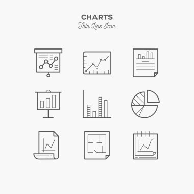 Grafik, grafikler, infografik ve daha fazlası, ince çizgi simgeleri seti, vektör çizimi
