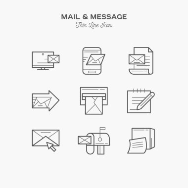Posta, mesaj ve daha fazla, ince çizgi renk simgeleri ayarla, illüstrasyon vektör