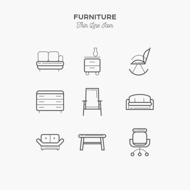 Mobilya, kanepe, masa, sandalye, kaldırım taşı ve daha fazlası, ince çizgi simgeleri seti, vektör illüstrasyon