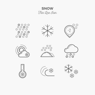 kar, kar tanesi, don ve daha fazlası, ince çizgi simgeleri seti, vektör illüstrasyon