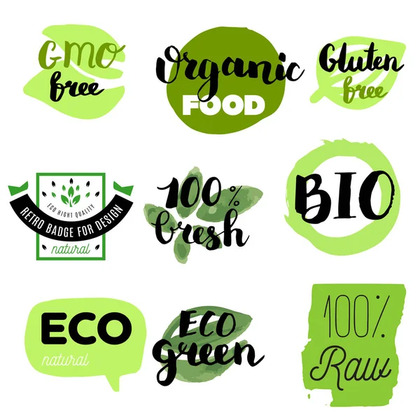 Healthy Food Icons Labels Organic Tags Natural Product Elements Logo — Stock Vector