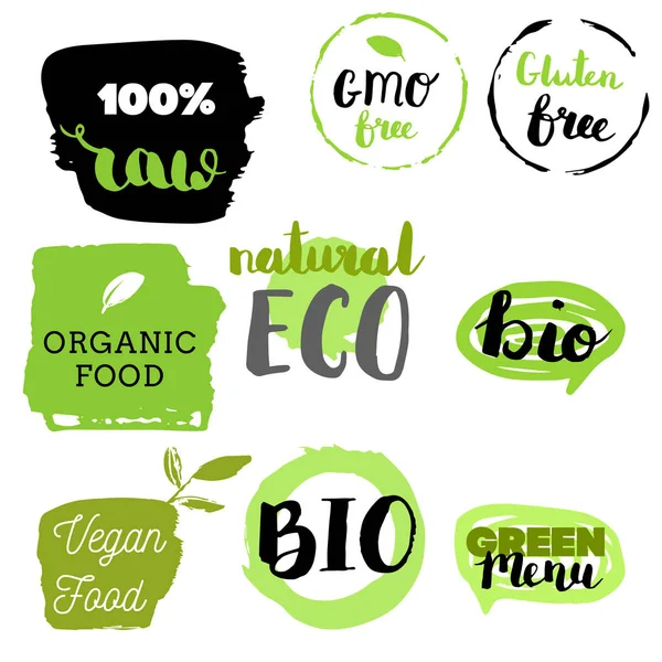 Healthy Food Icons Labels Organic Tags Natural Product Elements Logo — Stock Vector