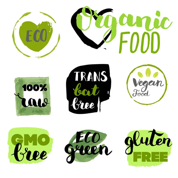 Healthy Food Icons Labels Organic Tags Natural Product Elements Logo — Stock Vector