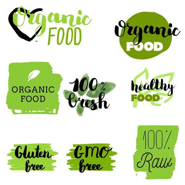 Healthy Food Icons Labels Organic Tags Natural Product Elements Logo — Stock Vector