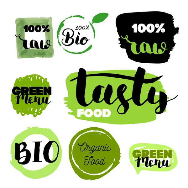 Healthy Food Icons Labels Organic Tags Natural Product Elements Logo — Stock Vector