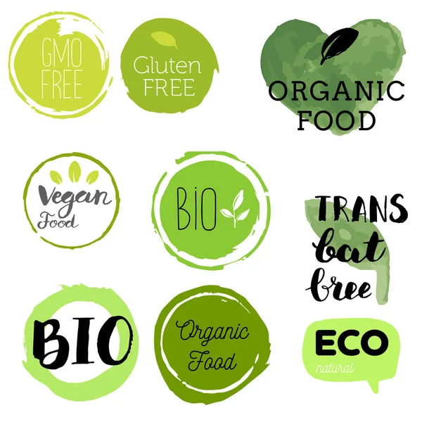 Healthy Food Icons Labels Organic Tags Natural Product Elements Logo — Stock Vector