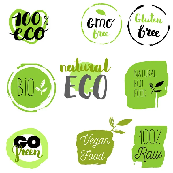 Healthy Food Icons Labels Organic Tags Natural Product Elements Logo — Stock Vector