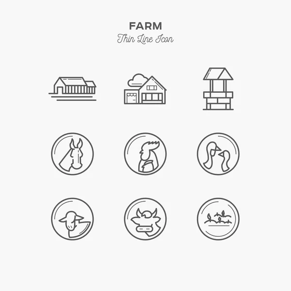 Line Icons Set Farm Objects Tools Elements Farm Farm Animals — Stock Vector